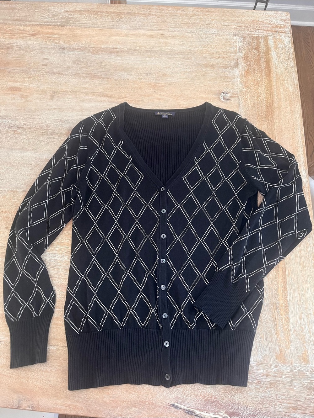Brooks Brothers Black Cardigan with White Diamond Stitch